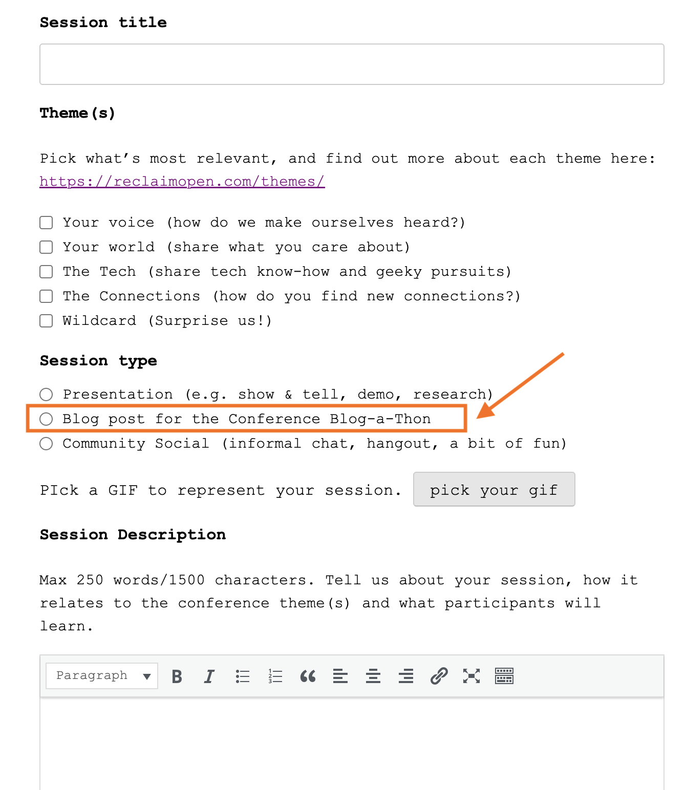 Screenshot of the Conference Submission form. 